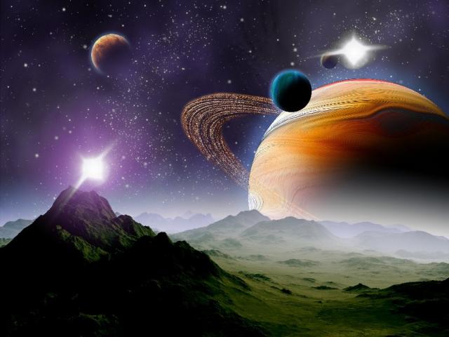 Иллюстрация. Вид со спутника гигантской планеты с кольцами