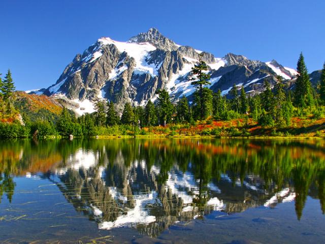 Горы, лес, отражение в воде