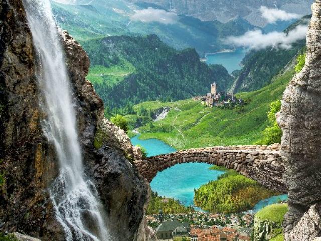 Горы, водопад, каменный мост, водяная мельница